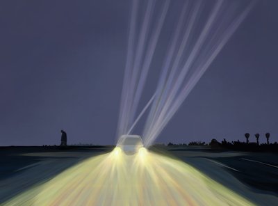 Man die in parkeerterrein van het Strand van de Vuurtoren bij Nacht loopt, Chatham, Massa (digitale kunst) door Evan Sklar