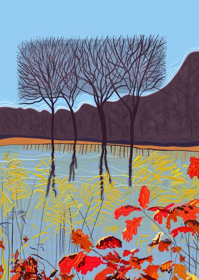 Vijver en bomen in de herfst (digitale kunst) door Evan Sklar