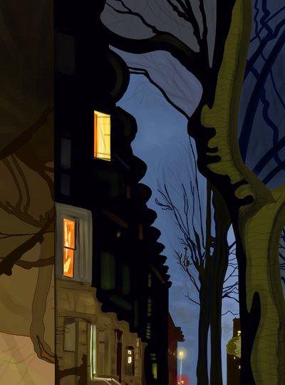 Bovenkanten van straten en gebouwen bij nacht (digitale kunst) door Evan Sklar
