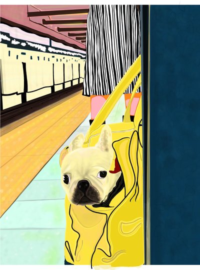 Metro forens met hond in tas, Brooklyn (digitale kunst) door Evan Sklar