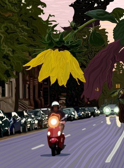 Zonnebloem en man die rode scooter bestuurt (digitale kunst) door Evan Sklar