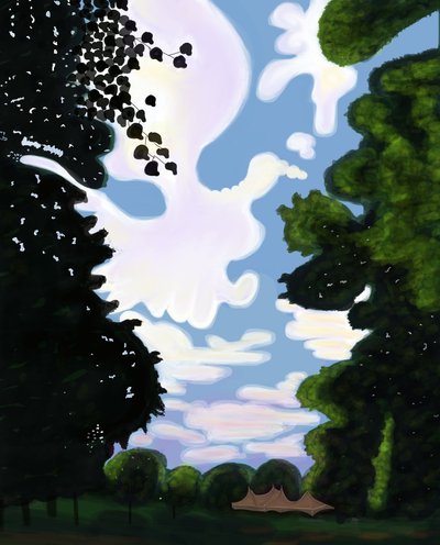Tent en lucht, Prospect Park 2018 (met de hand getekend op een iPad met een Apple-potlood) door Evan Sklar