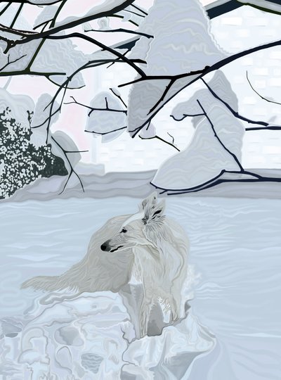 Witte hond in sneeuw (digitale kunst) door Evan Sklar