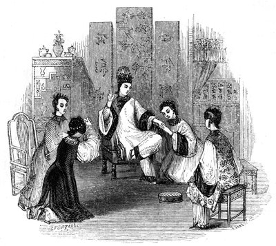 Chinese meisjes huilen met een bruid, 1847 door Evans