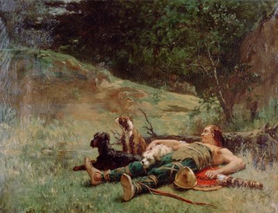 De rust van een jager met honden, c1842-1896 door Evariste Vital Luminais