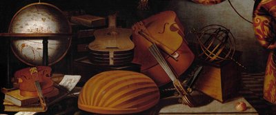 Stilleven met Muziekinstrumenten, Wereldbol en Armillairsfeer (detail), 17e eeuw door Evaristo Baschenis