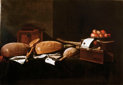 Stilleven met perziken en muziekinstrumenten. Schilderij door Evaristo Baschenis (1617-1677) 17e eeuw Bergamo, Privécollectie door Evaristo Baschenis