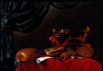 Stilleven met muziekinstrumenten en een peer. Schilderij door Evarista Baschenis (1617-1677) 17e eeuw. Bergamo, Accademia Carrara, Italië door Evaristo Baschenis