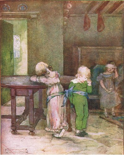 Ze nam zijn blauwe zakdoek en bond Lucy en Henry aan de tafel (uit het verhaal Een Ongelukkige Dag), illustratie uit Een Trap van Verhalen gepubliceerd door Thomas Nelson & Sons Ltd 1940s door Evelyn Beale
