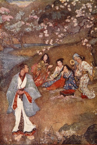 Shinge en Yoshisawa bij de Violet Well, illustratie uit 