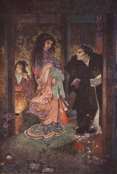 Shinzaburo herkende Tsuyu en haar dienstmeid Yone, illustratie uit 