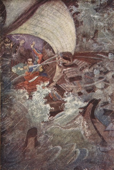 Yoshitsune en Benkei aangevallen door een spookachtige groep van de Taira Clan, illustratie uit 