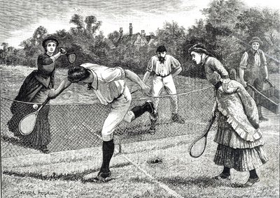 Gravure van een vriendschappelijke dubbelspel tenniswedstrijd door Everard Hopkins