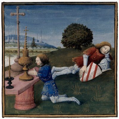 Arthurlegende: Lancelot slaapt terwijl de Heilige Graal aan een andere ridder verschijnt, verluchting door Evrard d