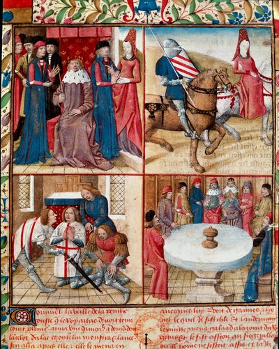Koning Arthur houdt hof, Lancelot geleid door een dame naar de abdij door Everard de Espinques