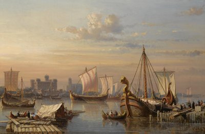 Vikingschepen op de Theems, midden 19e eeuw door Everhardus Koster