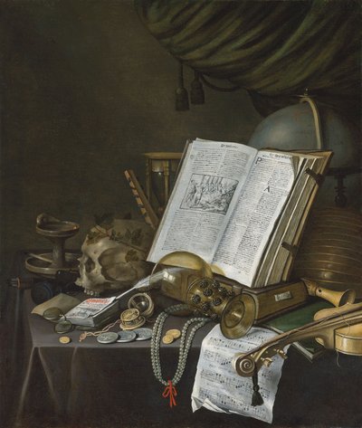 Stilleven met munten en andere voorwerpen op een tafel door Evert Collier