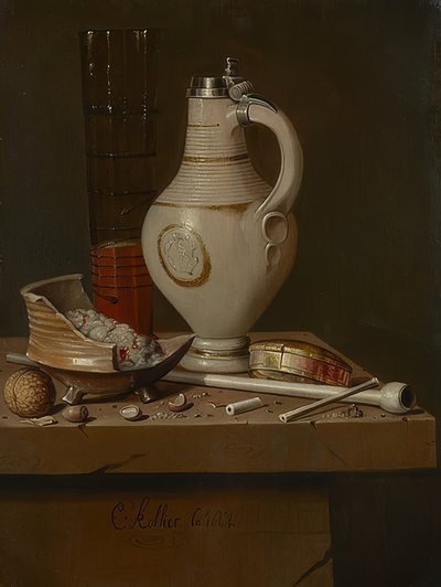 Stilleven met rookgerei en bierpul door Evert Collier
