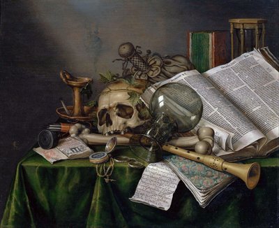 Vanitas - Stilleven met Boeken en Manuscripten en een Schedel door Evert Collier
