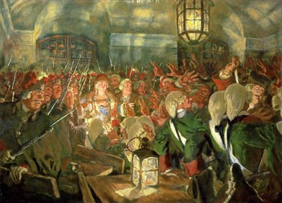 Grootvorstin Elizabeth met bewakers tijdens de staatsgreep van 1741 door Evgeni Evgenievitch Lanceray