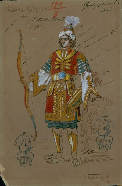 Kostuumontwerp voor de opera Ruslan en Lyudmila door M. Glinka, 1885 door Evgeni Petrovich Ponomarev