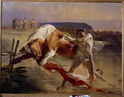 De krachtproef van Jan Usmar. Legendarische Russische held, getest door grootvorst Vladimir om een stier met blote handen te stoppen door Evgraf Sorokine