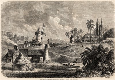Een suikerfabriek in Guadeloupe, tekening door Auguste de Berard (1824-1881), ter illustratie van de reizen naar de West-Indië, in 1858-1859, door Anthony Trollope (1815-1882). Gravure in 