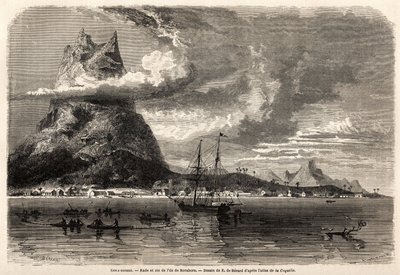 Rade en piek van het eiland Borabora, tekening door Evremond Auguste de Berard, ter illustratie van de reis van een natuuronderzoeker in de Galapagos-archipel en de koraaleilanden, in 1858 door Charles Darwin. Gravure in "Le tour du monde" door Evremond de (after) Berard