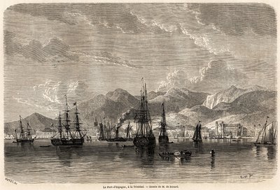 De haven van Spanje, in Trinidad (Trinidad en Tobago), tekening door Evremond Auguste de Berard (1824-1881), ter illustratie van de reizen naar de West-Indië, in 1858-1859, door Anthony Trollope (1815-1882). Gravure in "Le tour du monde, nouveau journal de door Evremond de (after) Berard