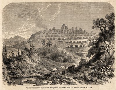 Uitzicht op Tananarive, hoofdstad van Madagaskar, tekening door Evremond de Berard (1824-1881), ter illustratie van Ida Pfeiffer