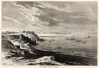 Uitzicht op Tanger (Marokko), tekening door Evremond de Berard (1824-1881), ter illustratie van de reisnotities van M.F.Schickler naar Marokko. Gravure in "Le tour du monde, nouveau journal des voyages" Parijs door Evremond de (after) Berard