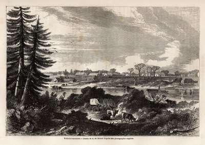 Uitzicht op Victoria-Vancouver, hoofdstad van Brits-Columbia, tekening door Auguste de Berard (1824-81), ter illustratie van de verkenning van de Rocky Mountains in 1857-59 door Kapitein John Palliser. Gravure in "Le tour du monde, nouveau journal des voya door Evremond de (after) Berard
