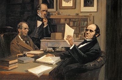 Joseph Hooker (1817-1911), Charles Lyell (1797-1875) en Charles Robert Darwin (1809-82) door Evstafieff