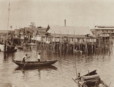 Vissershuizen gebouwd op palen boven water, Singapore door Ewing Galloway