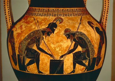 Attische zwartfigurige amfoor met Achilles en Ajax die dobbelstenen spelen, uit Vulci, ca. 540-530 v.Chr. (detail) door Exekias Exekias