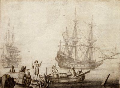 Mannen in een boot nabij twee Nederlandse schepen door Experiens Sillemans
