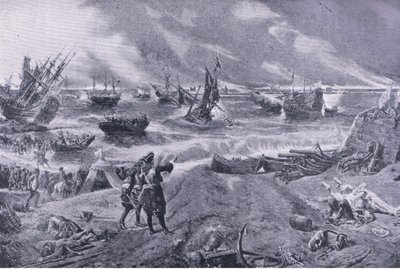 James II bij de Slag bij La Hogue, 23 mei 1692, illustratie uit British Battles on Land and Sea, 1915 door Eyre Crowe