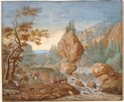 Berglandschap met een jachtpartij op de voorgrond door F.C. van Bracht