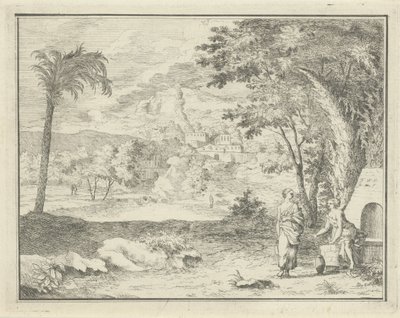 Italianiserend landschap met twee vrouwen door F.W. Musculus