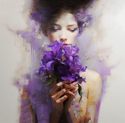 Een mooie vrouw draagt abstracte paarse bloemen, muurkunst | canvasafdrukken door F. Abderrahim