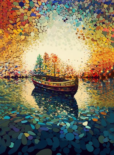 Een boot op een meer caleidoscopisch, caleidoscoop kunst afdrukbaar, muurkunstafdruk door F. Abderrahim