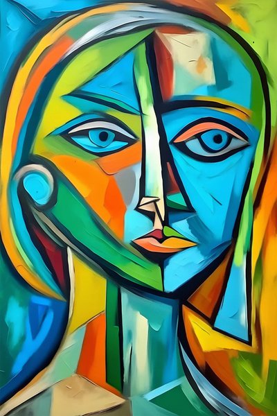 Een kleurrijk kubistisch schilderij van een vrouw door F. Abderrahim