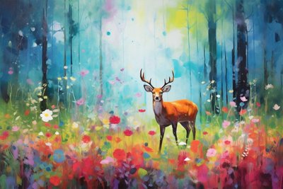 Een hert in de natuur en bosbomen, heldere kleuren door F. Abderrahim