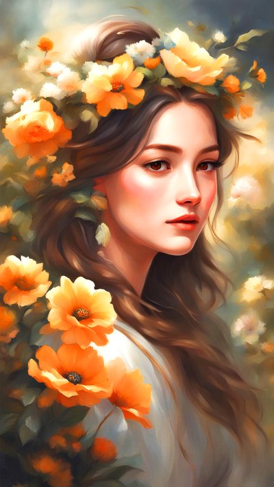 Een vrouw versierd met bloemen in een mooi landschap door F. Abderrahim
