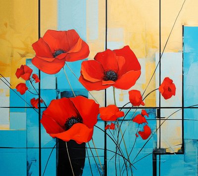 Abstract Mondriaan, klaprozen schilderij, muurkunst | Canvas afdrukken door F. Abderrahim