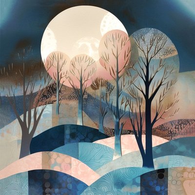Abstracte maanlicht schilderij, grote maan, blauw roze crème, muurkunst print door F. Abderrahim
