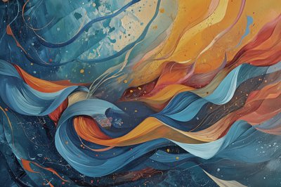 Abstract schilderij in golven van blauw, oranje en geel door F. Abderrahim