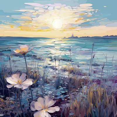 Abstracte paarse bloemen in blauw meer door F. Abderrahim