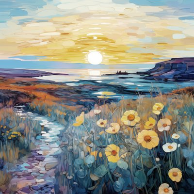 Abstracte paarse bloemen in zonsopgang landschap door F. Abderrahim