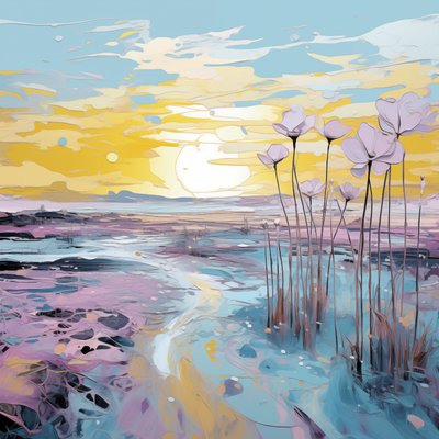 Abstracte paarse bloemen in zonsondergang landschap door F. Abderrahim